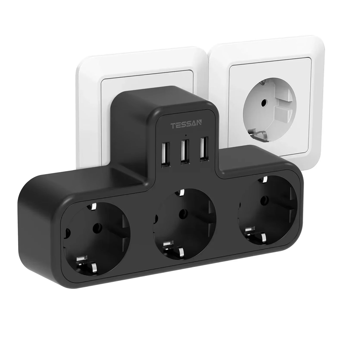 EU Wall Socket Extender with 3 AC Outlets and 3 USB Ports 5V 2.4A Power Strip Adapter Overload Protection for Home Office