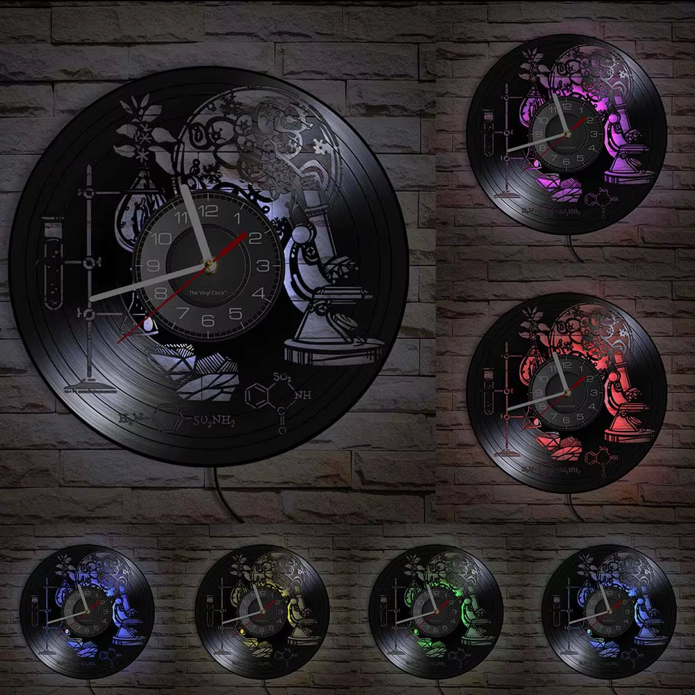 Chemistry Experiments Wall Clock Science Laboratory Decoration Periodical Elements Table Wall Art Retro Vinyl Record Wall Clock