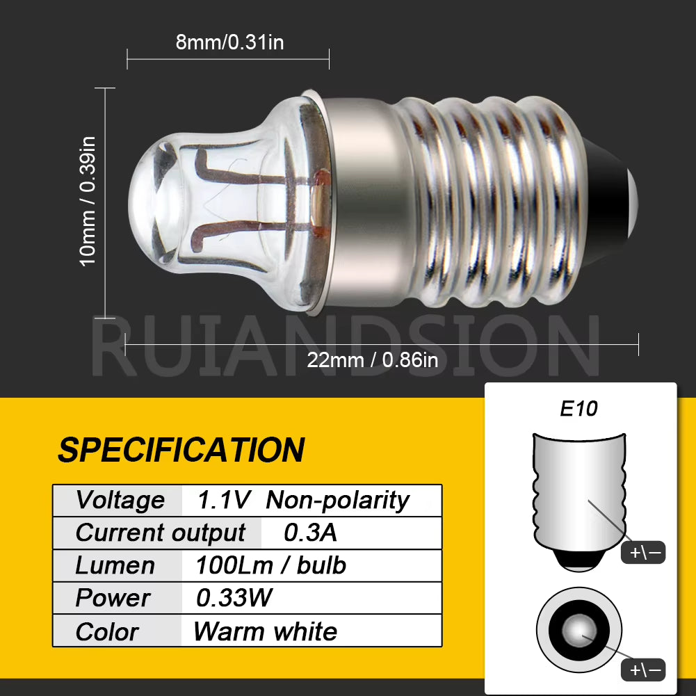 Ruiandsion 10Pcs 1.1V 1.2V 1.5V E10 B9 Samll Halogen Bulb for Test Experiment Teaching Flashlight Warm White