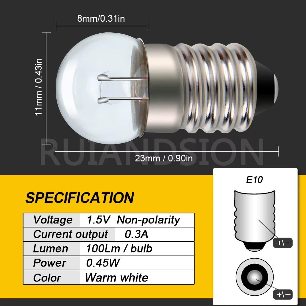 Ruiandsion 10Pcs 1.1V 1.2V 1.5V E10 B9 Samll Halogen Bulb for Test Experiment Teaching Flashlight Warm White