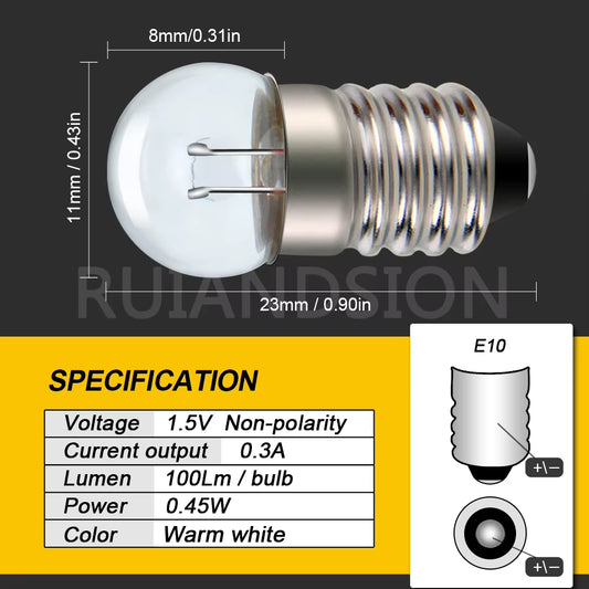 Ruiandsion 10Pcs 1.1V 1.2V 1.5V E10 B9 Samll Halogen Bulb for Test Experiment Teaching Flashlight Warm White