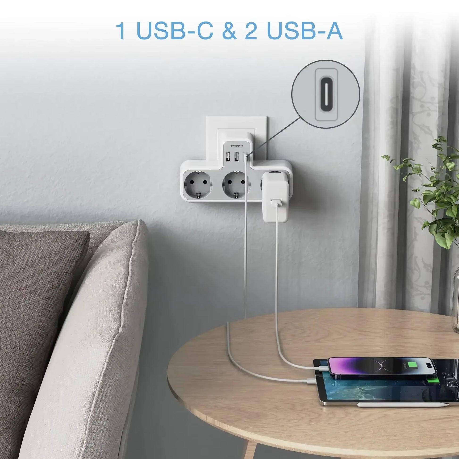 EU Wall Socket Extender with 3 AC Outlets and 3 USB Ports 5V 2.4A Power Strip Adapter Overload Protection for Home Office