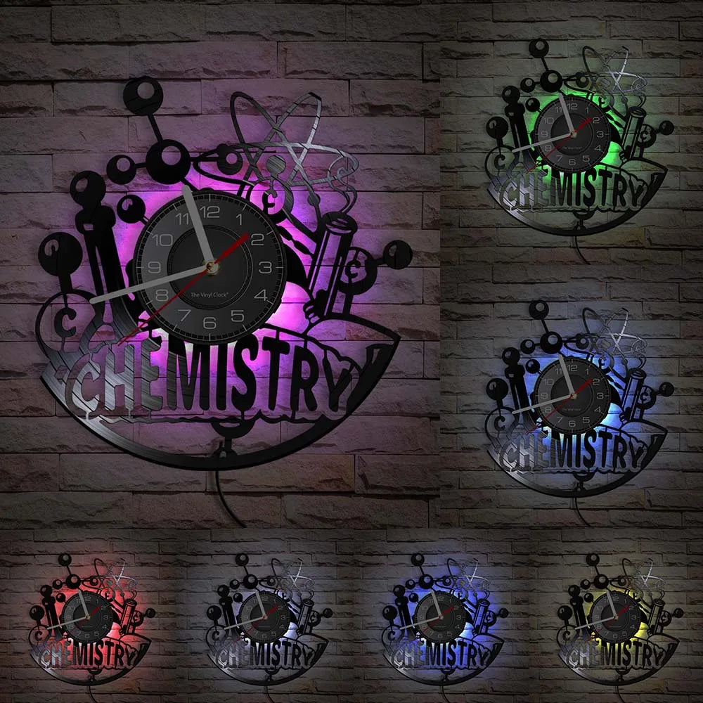 Chemistry Experiments Wall Clock Science Laboratory Decoration Periodical Elements Table Wall Art Retro Vinyl Record Wall Clock