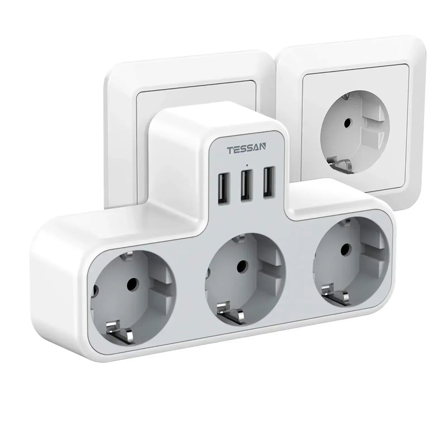 EU Wall Socket Extender with 3 AC Outlets and 3 USB Ports 5V 2.4A Power Strip Adapter Overload Protection for Home Office