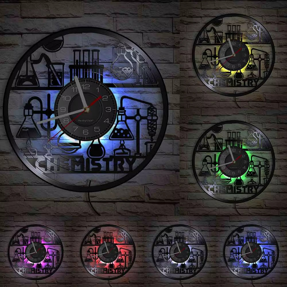 Chemistry Experiments Wall Clock Science Laboratory Decoration Periodical Elements Table Wall Art Retro Vinyl Record Wall Clock