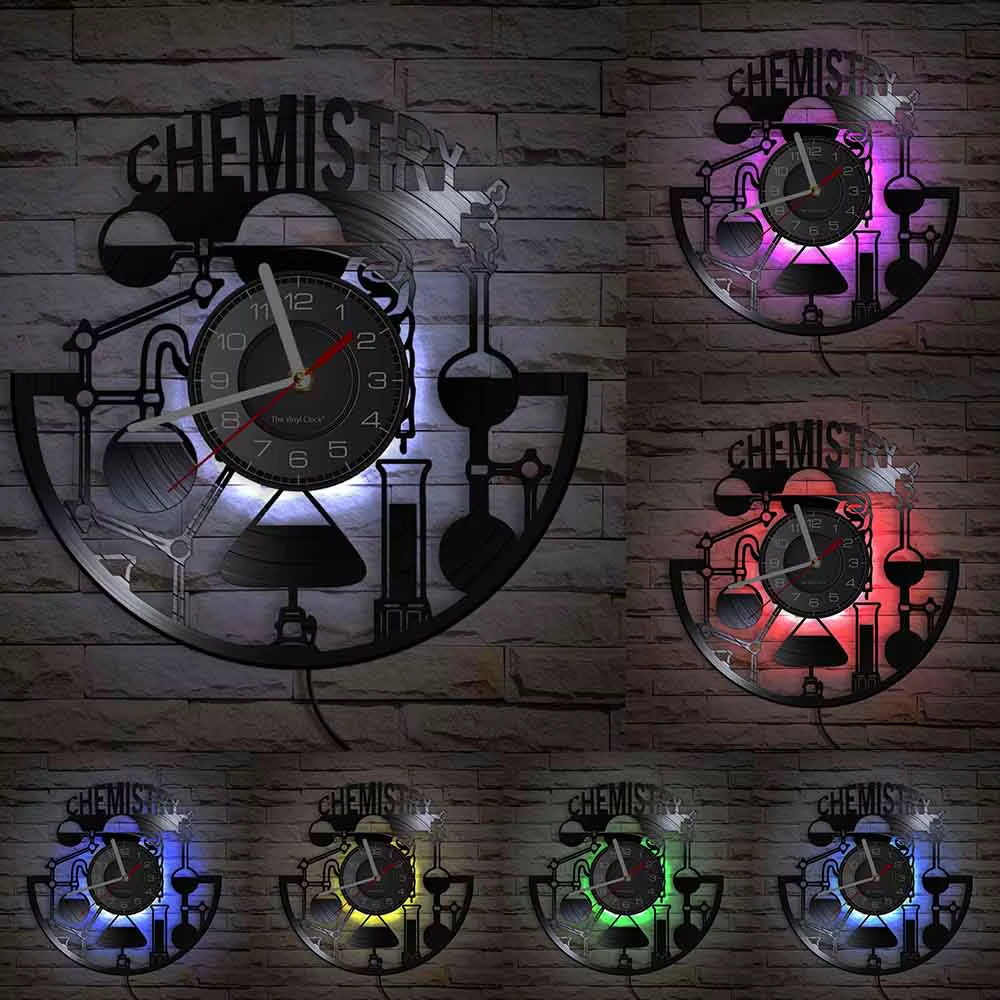 Chemistry Experiments Wall Clock Science Laboratory Decoration Periodical Elements Table Wall Art Retro Vinyl Record Wall Clock