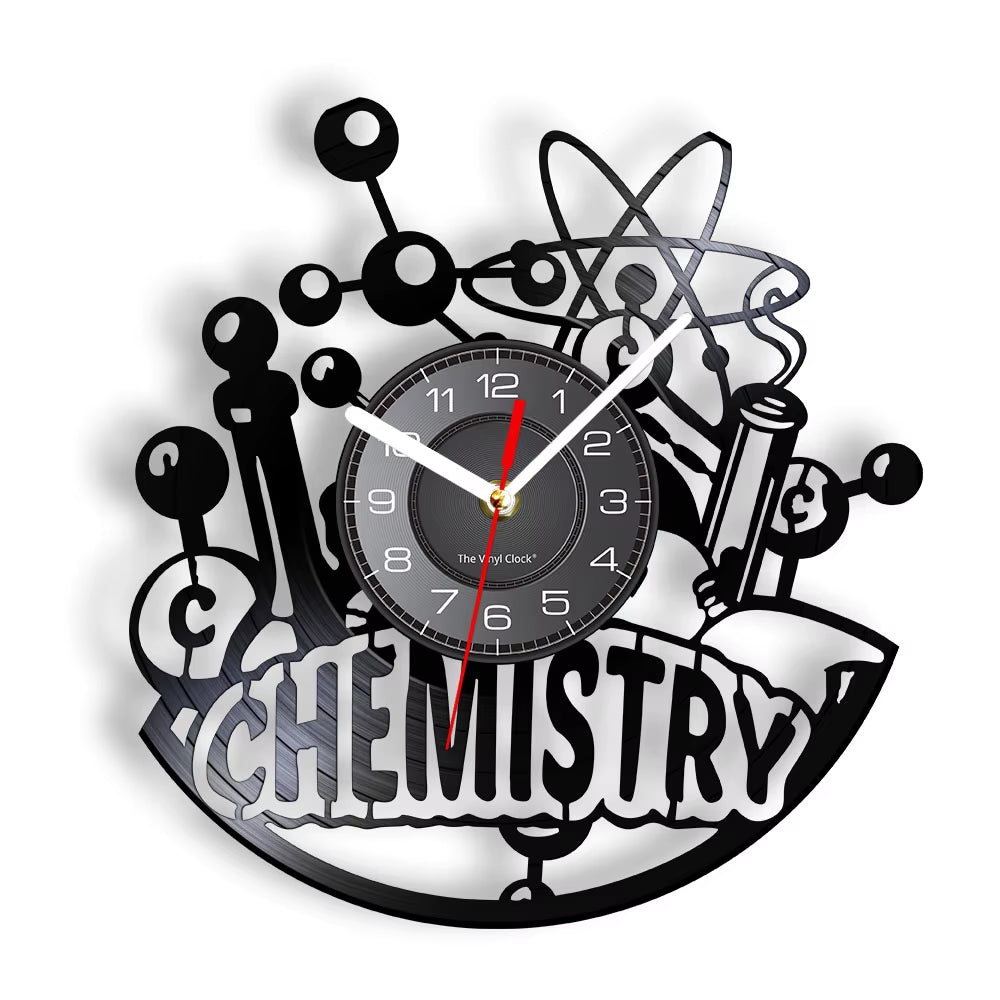 Chemistry Experiments Wall Clock Science Laboratory Decoration Periodical Elements Table Wall Art Retro Vinyl Record Wall Clock