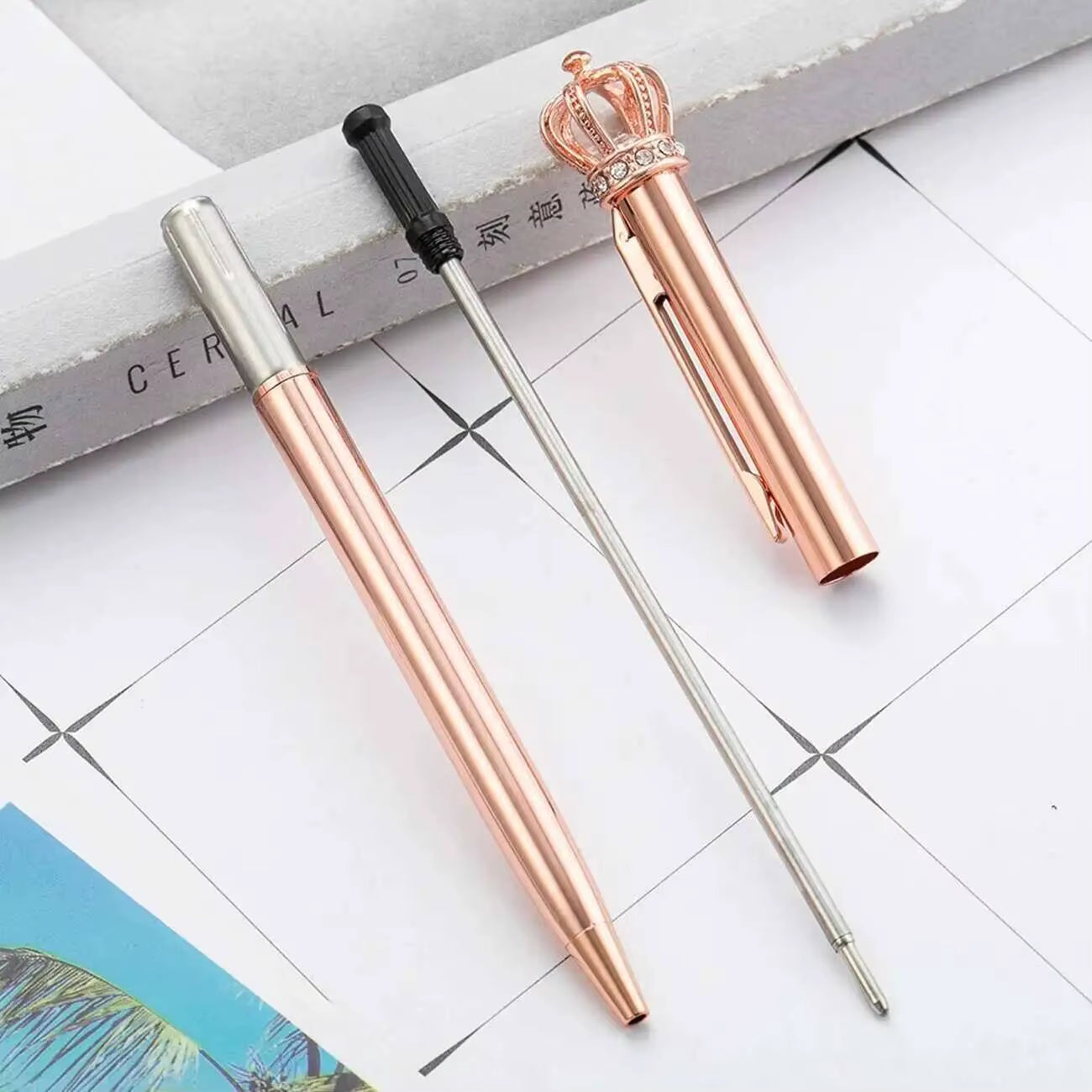 1 Piece  Crystal Shiny Metal Crown Ballpoint Pen Interesting Ball Ballpoint Pen School Stationery School Office Supplies
