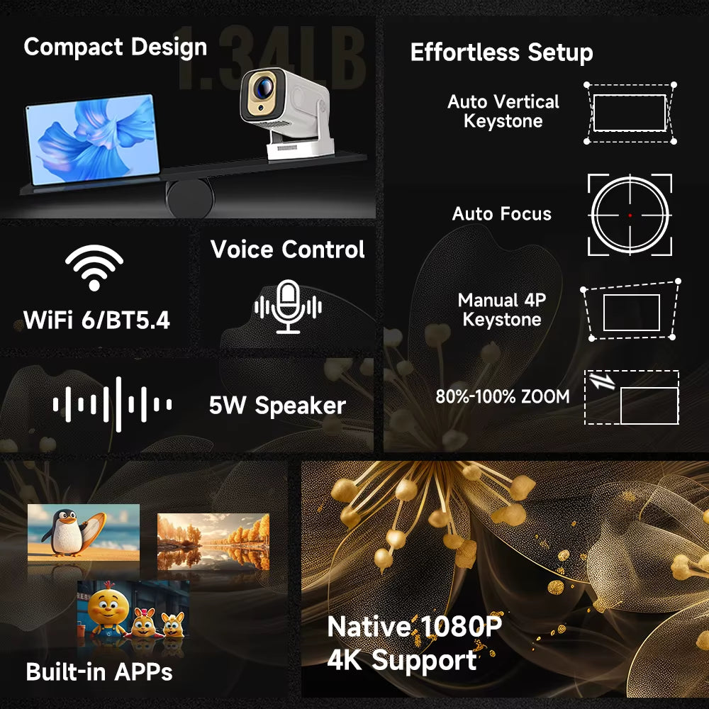 HY310 Android 11 Projector 4K Native 1080P Auto Focus Native 330ANSI Dual Wifi BT5.4 Air Mouse Voice Home Outdoor Movie