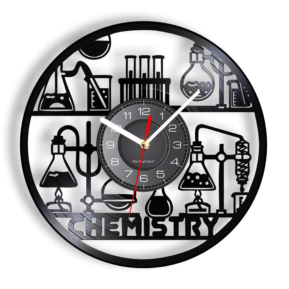 Chemistry Experiments Wall Clock Science Laboratory Decoration Periodical Elements Table Wall Art Retro Vinyl Record Wall Clock