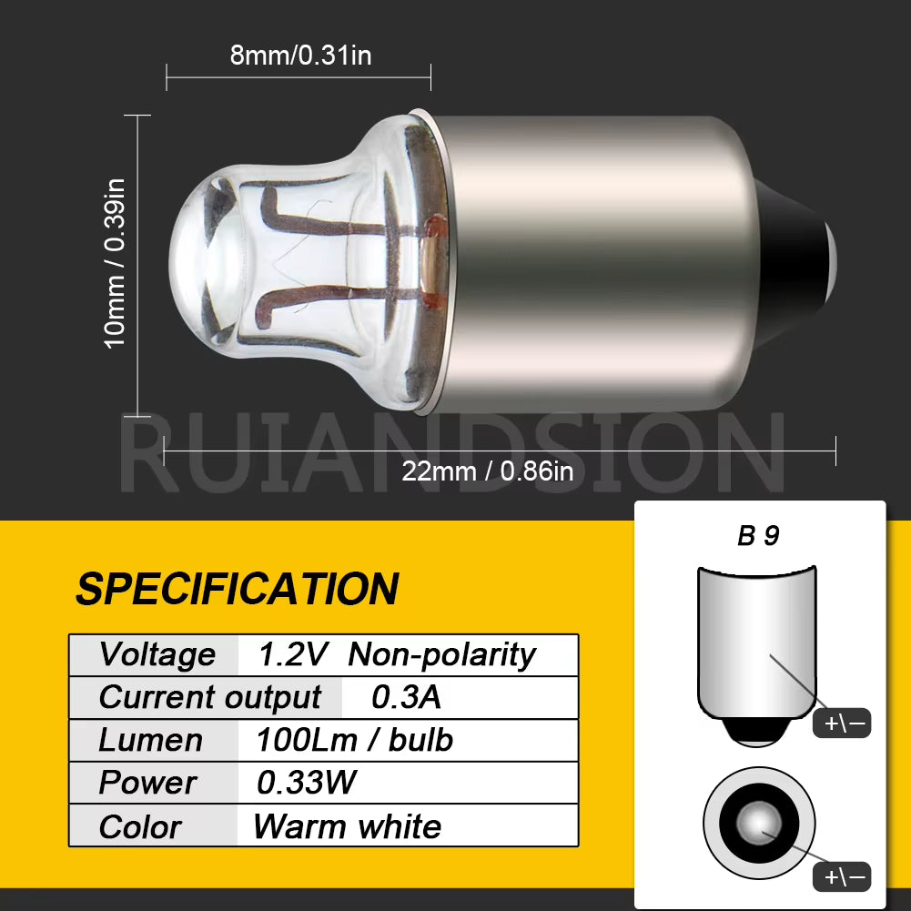 Ruiandsion 10Pcs 1.1V 1.2V 1.5V E10 B9 Samll Halogen Bulb for Test Experiment Teaching Flashlight Warm White