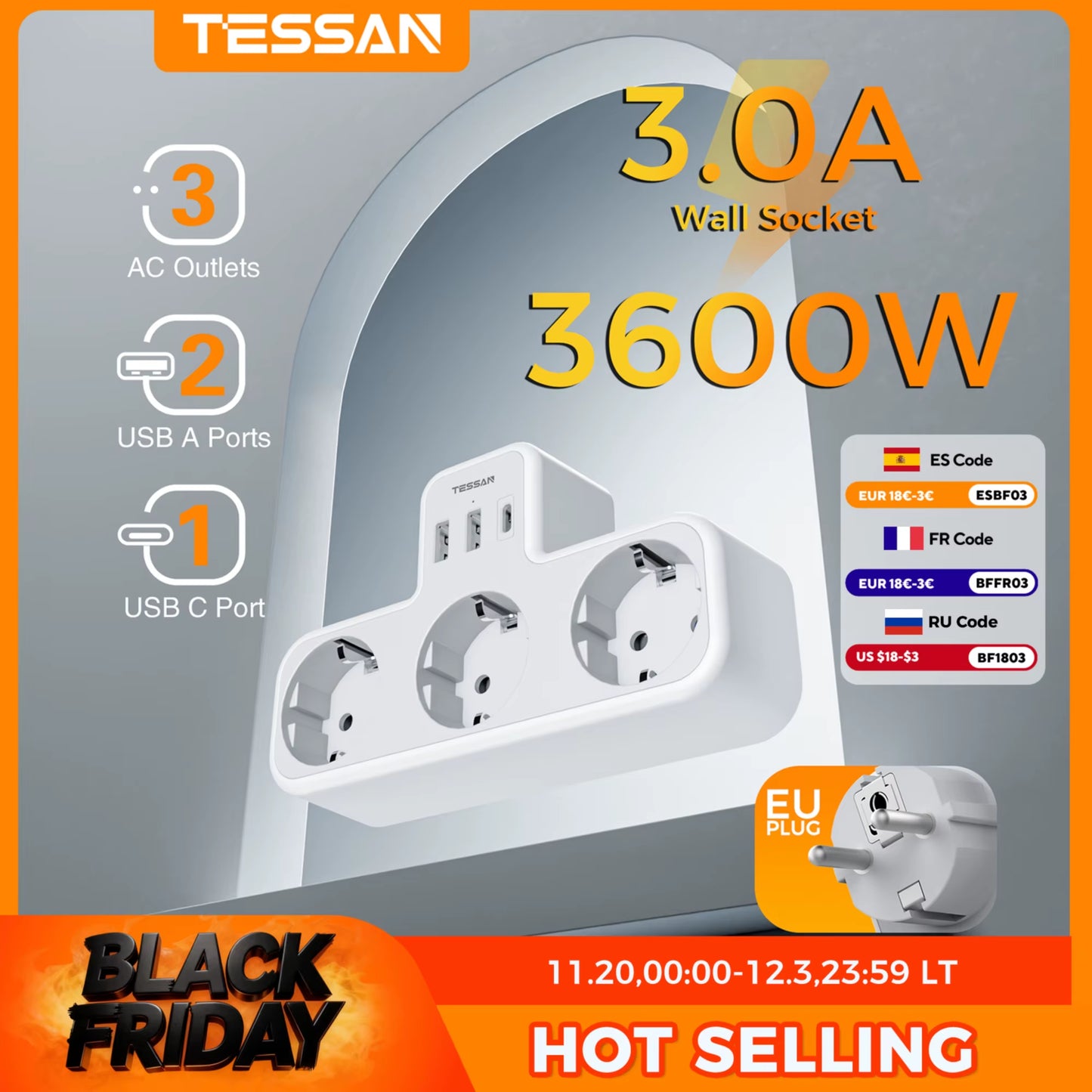 EU Wall Socket Extender with 3 AC Outlets and 3 USB Ports 5V 2.4A Power Strip Adapter Overload Protection for Home Office